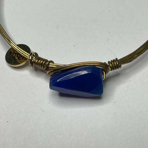 BOURBON & BOWETIES gold tone bracelet bangle faceted blue agate signed jewelry - Picture 2 of 9